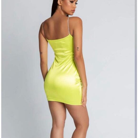 MESHKI Ruby Diamante Strap Satin Mini Dress Neon Yellow Sz S NWT {OO42} - Picture 3 of 5